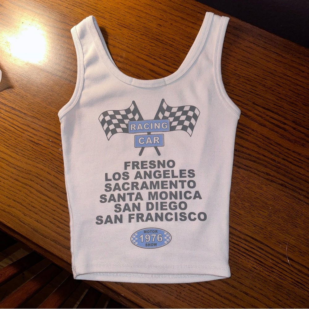 RACING CAR WHITE BLACK AND BABY BLUE TANK TOP